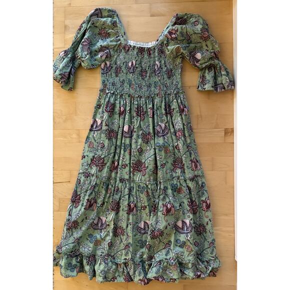 Grace Holiday Green Print Puff Sleeve Nap Midi Dress Cotton Small - Picture 1 of 2